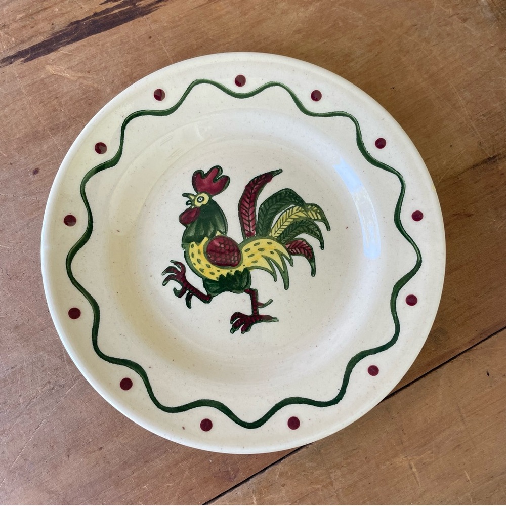Metlox Bread Plate Green Rooster Poppy Trail California 6 1/4” Diameter Cute!